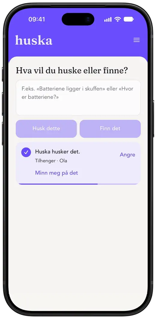 Huska på iPhone etter at et utlån er lagret: «Huska husker det. Tilhenger · Ola», med knappene Angre og Minn meg på det.